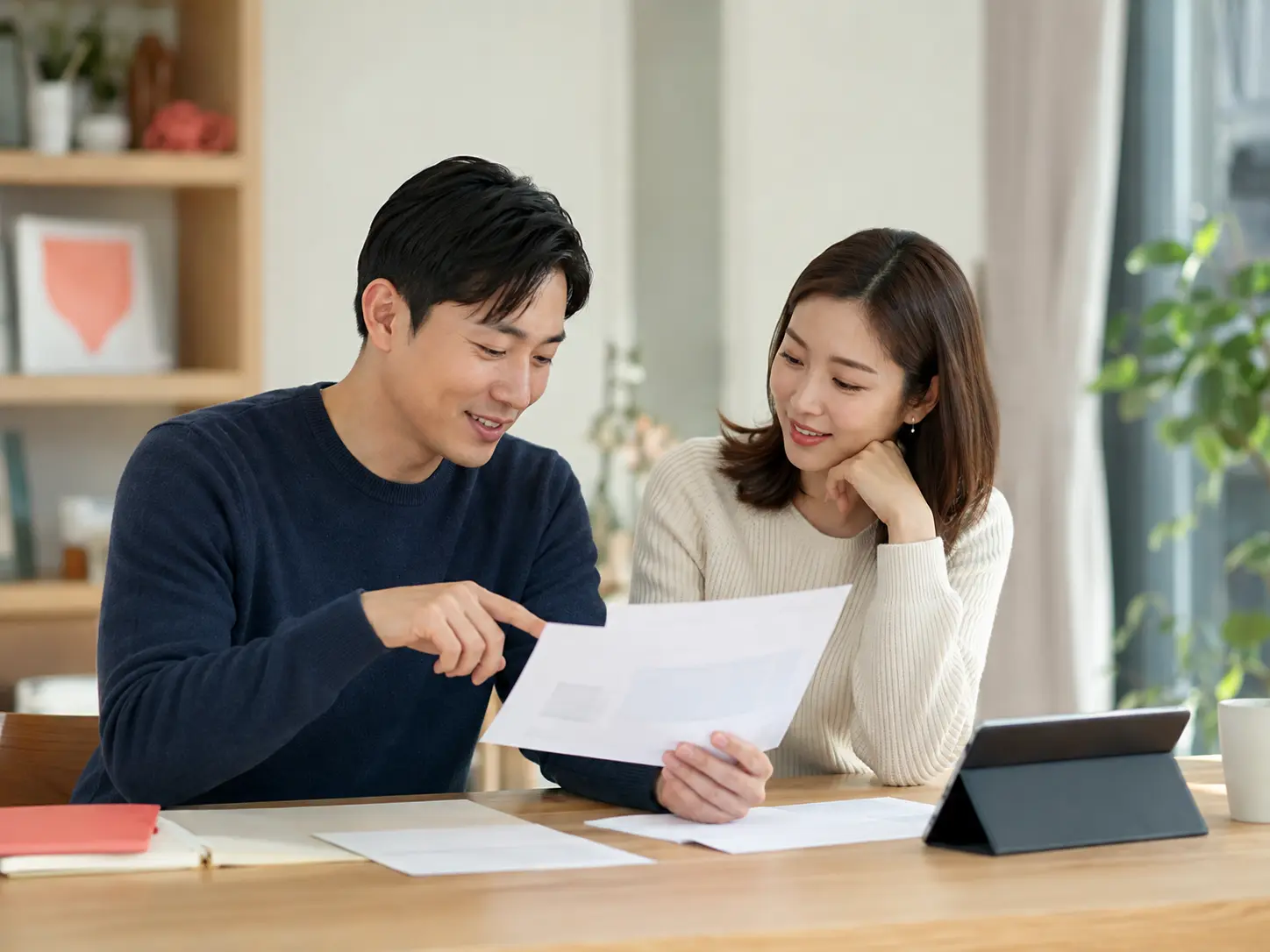 금융 조건을 함께 차분히 확인하는 장면을 표현한 AI 제작 이미지